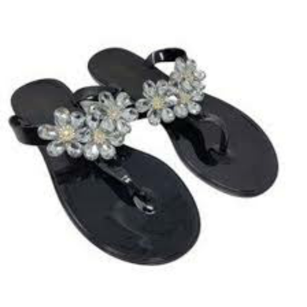 Black Crystal Jelly Thong Slides